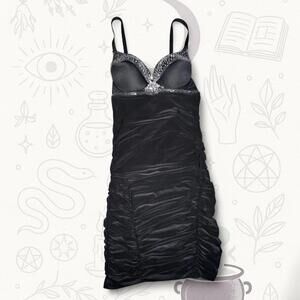 Janice Black Beaded Bodycon Dress Size Medium Y2K Ruched Club Mini Dress